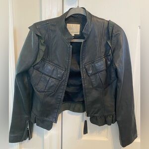Madison Marcus black leather jacket with ruffles. Size small.